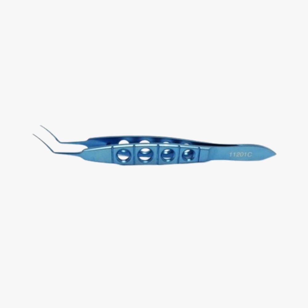 Curved Shaft Nevyas Capsulorhexis Forceps – 45° Tips, 11 mm Anodized titanium with open-slot handle and anti-glare finish