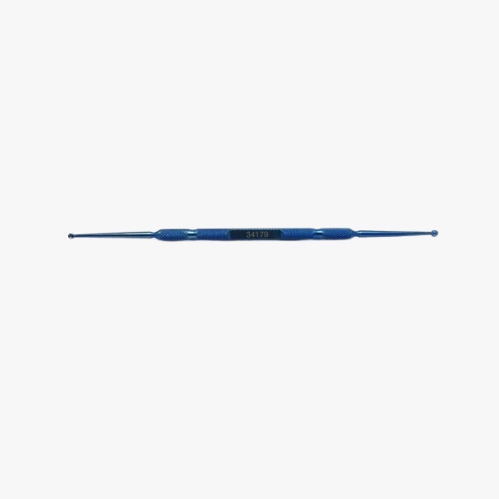 Double-Ended Chalazion Curette – 2.5mm / 3.5mm Cups Anodized titanium with textured handle and anti-glare finish