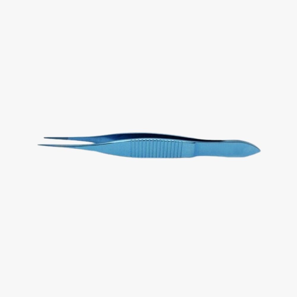 Dressing/Moorfields Forceps 0.5mm serrated Tips Anodized titanium with ribbed handle and anti-glare finish