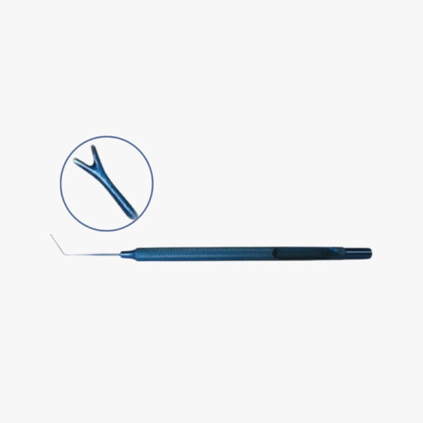 Horizontal, Blunt Forked Tip Bechert Nucleus Rotator Anodized titanium with slim, round handle and anti-glare finish