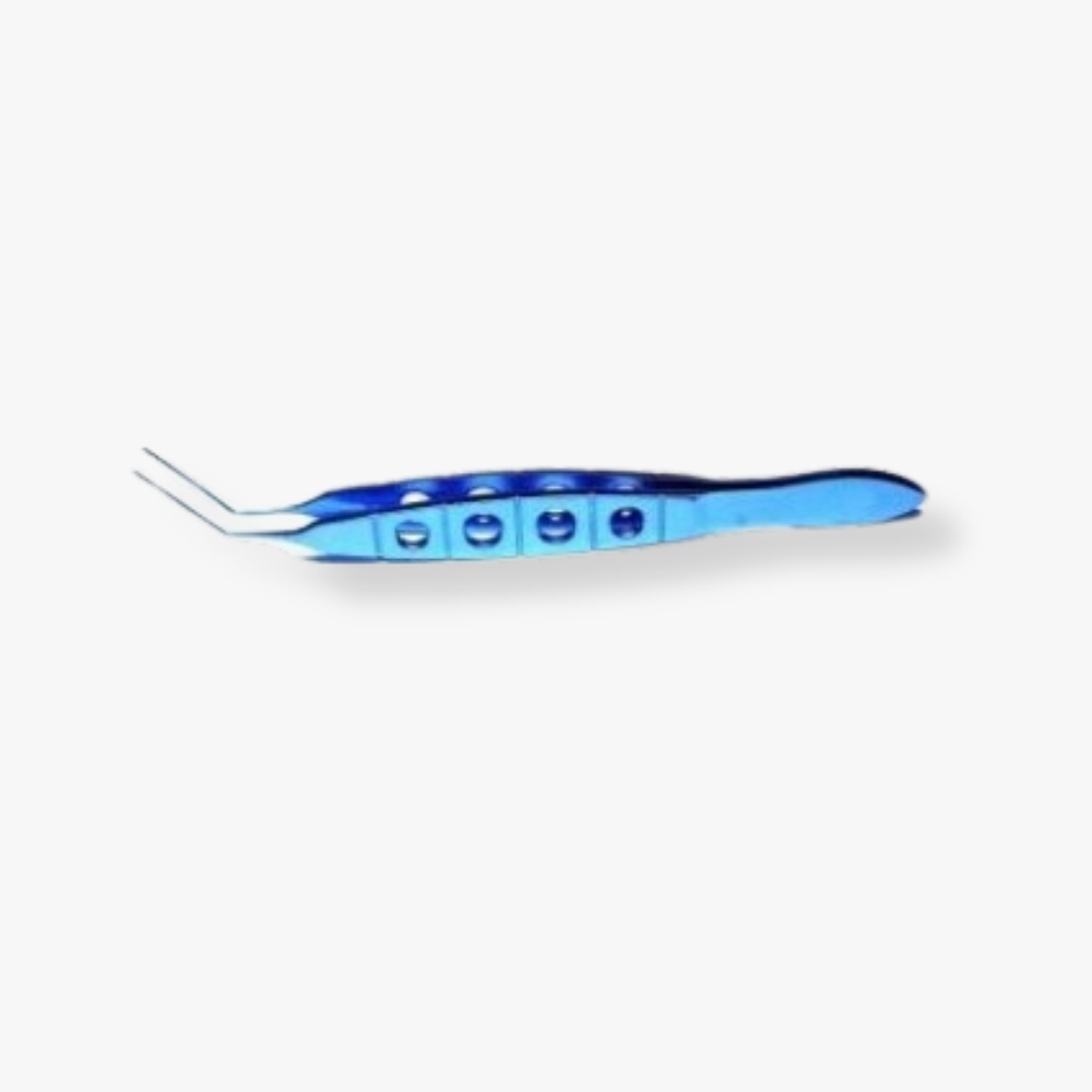 Lens Loading Forceps – 15mm Bend Anodized titanium with flat, open-slot handle and anti-glare finish