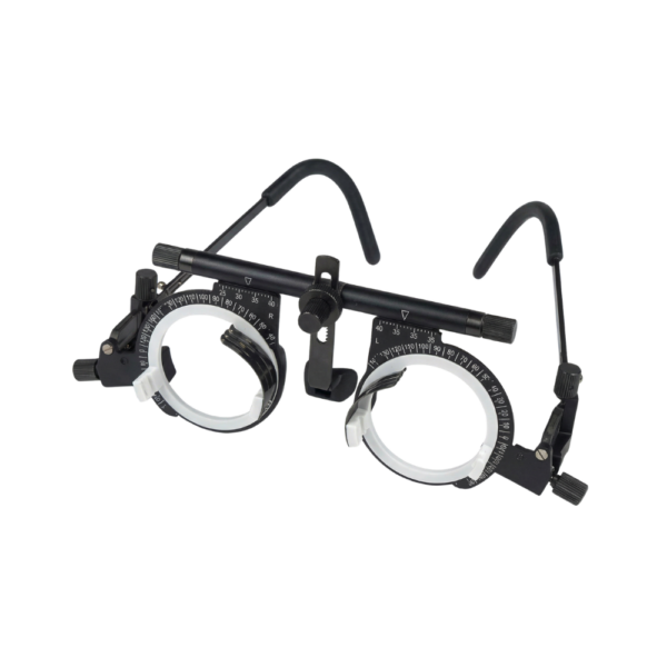 Oculus style adjustable trial frame, lightweight mixed-material ophthalmic frame, adjustable PD variant