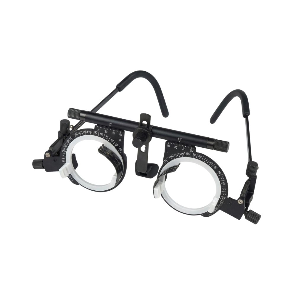Oculus style adjustable trial frame, lightweight mixed-material ophthalmic frame, adjustable PD variant